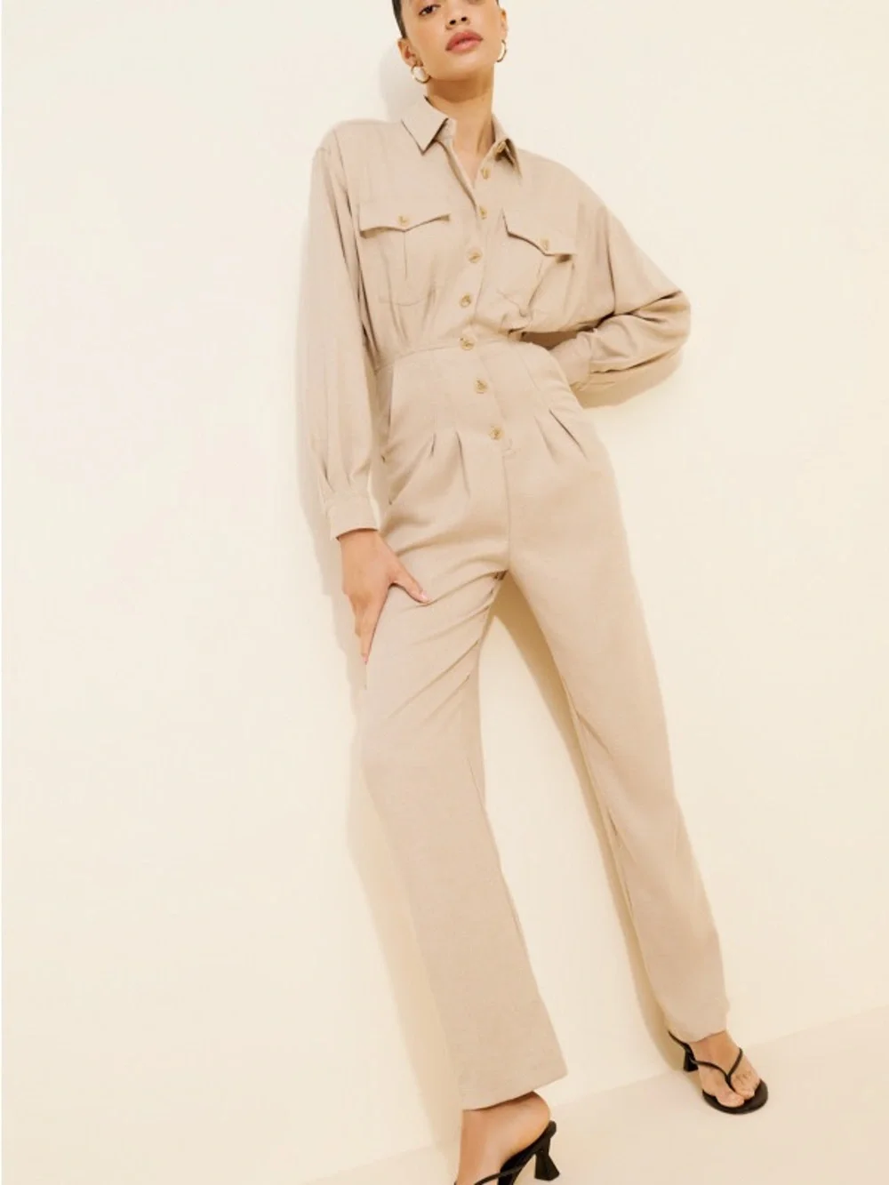 Nuuly x Ronny Kobo Long Sleeve Beige Brila Utility Jumpsuit 80s Quiet Luxury - Picture 4 of 13